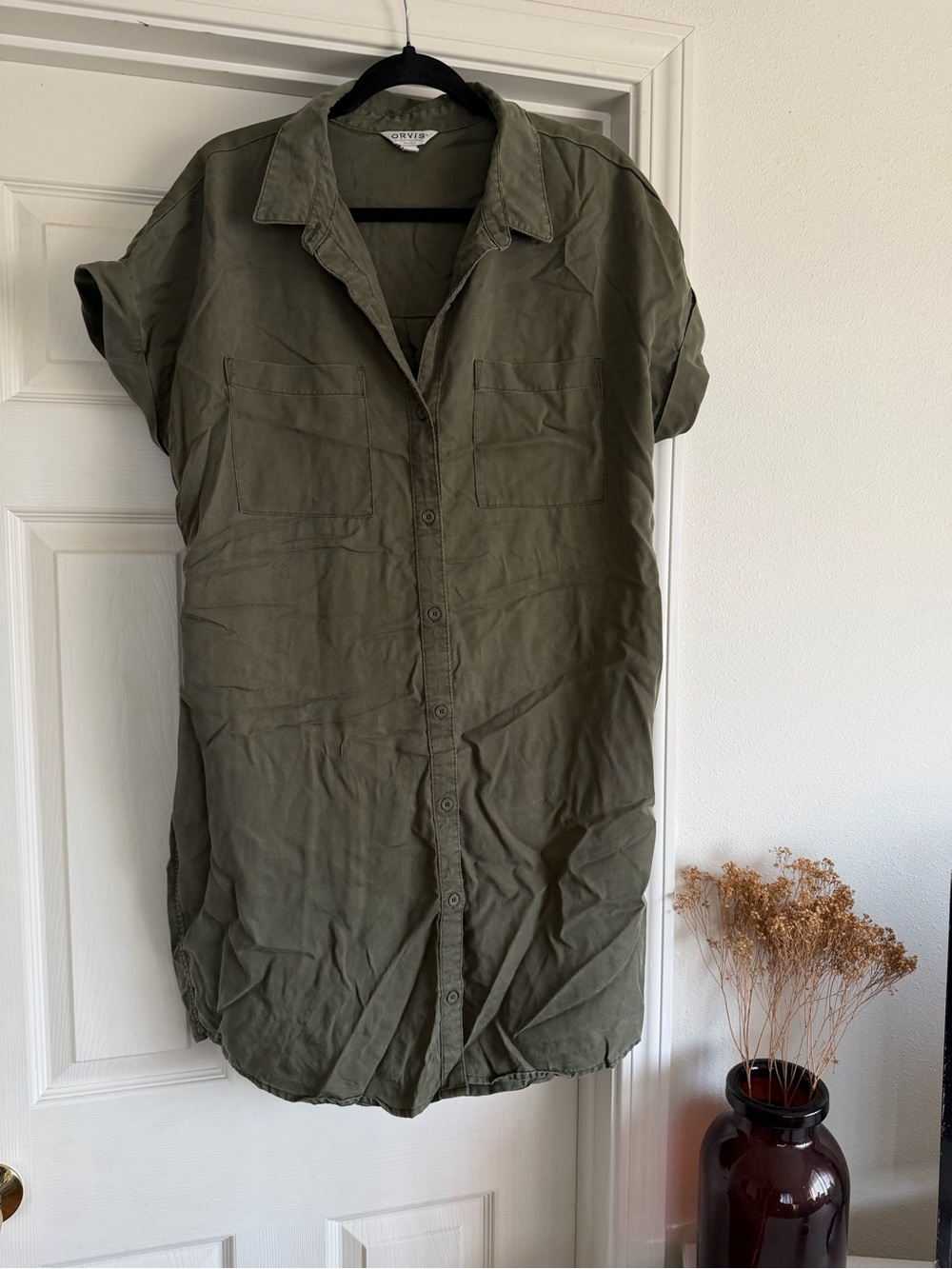Orvis Classic Tencel Olive Green Button Down Shirt Dress LG Short
